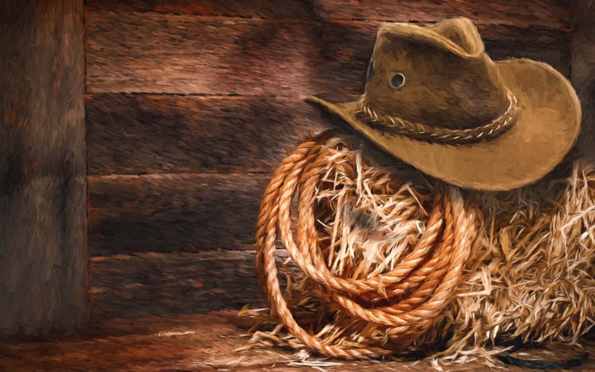 Lasso i kapelusz kowbojski na sianie w stodole