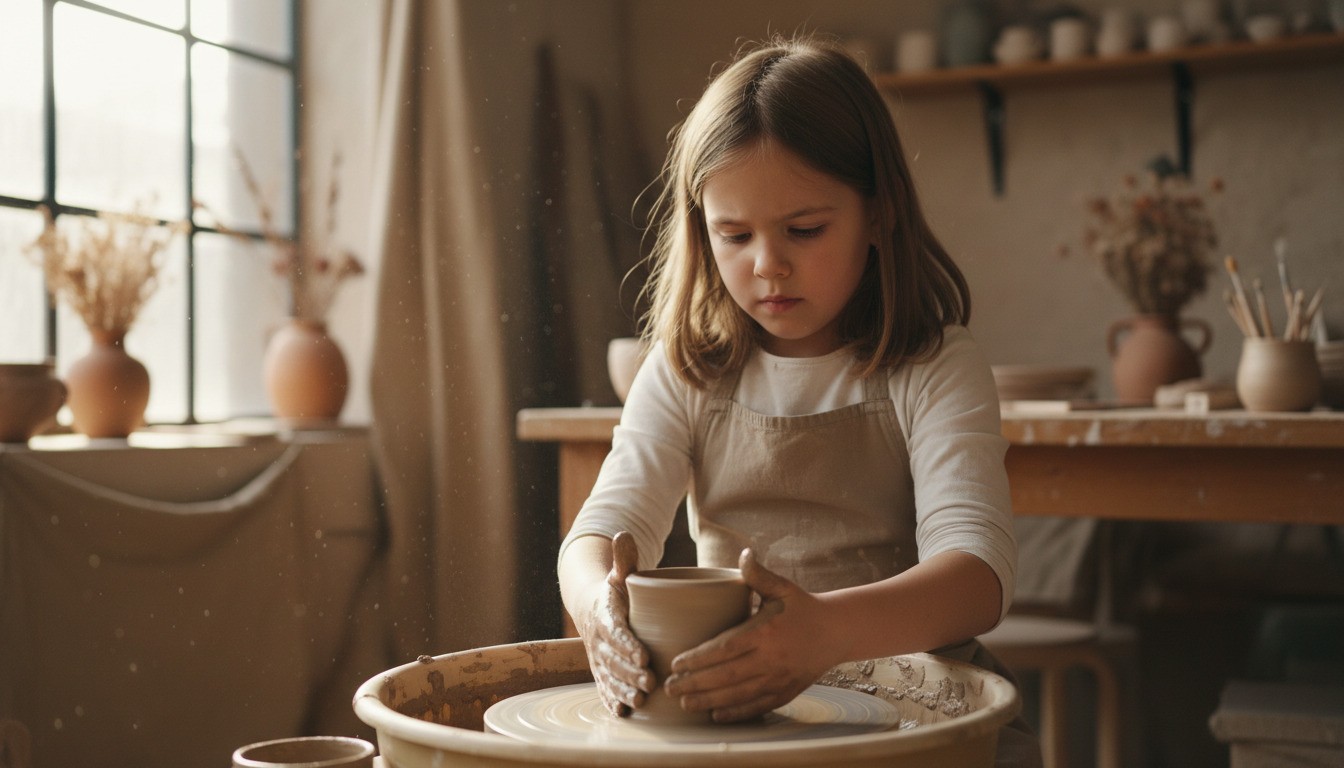 Dziewczynka w fartuchu skupiona na lepieniu naczynia z gliny na kole garncarskim podczas zajęć artystycznych, które są alternatywą dla tradycyjnej zabawki.