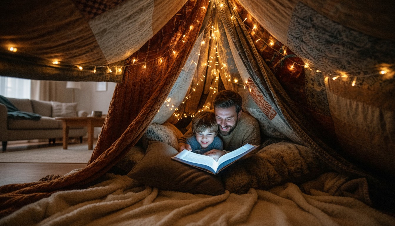 Ojciec i syn leżą pod namiotem z kocy udekorowanym lampkami i wspólnie czytają świecącą książkę, co ilustruje "prezent czasu".